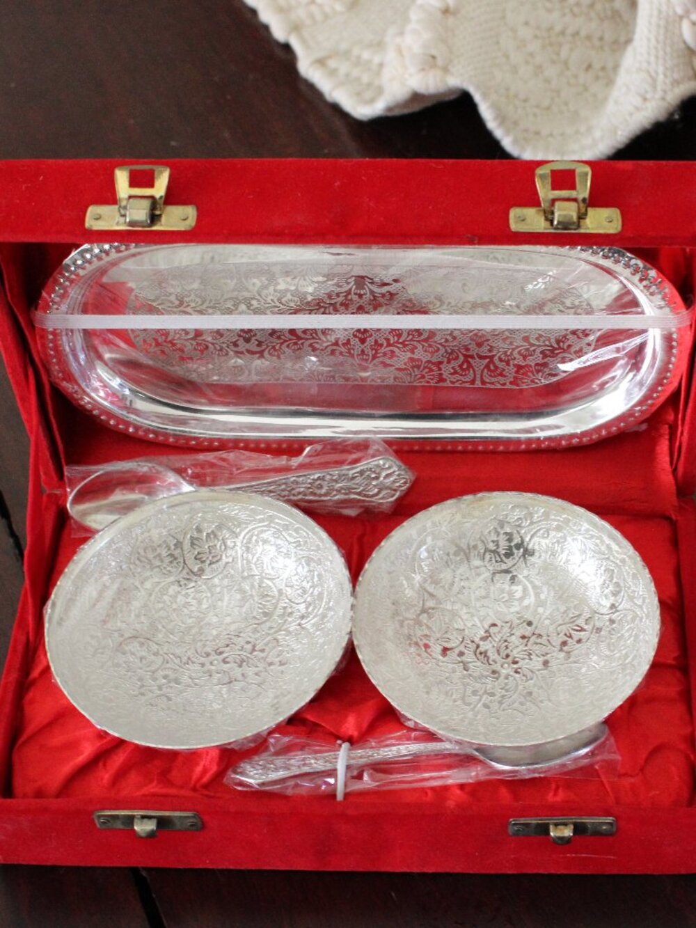 Vintage Indian Silver Plated Dry Fruit Serving Set w/ Velvet Presentation Box